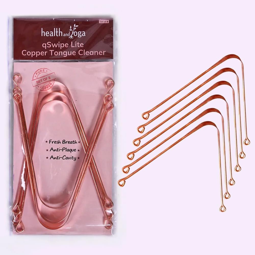 HealthAndYoga qSwipe Lite Copper Tongue Cleaners (Pack of 6) Removes Bad breath & Plaque, Improves taste- Flexible, Lightweight Curved ends provide good grip Complete Oral Care Family Pack