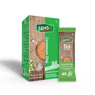 Senso Instant Cardamom Premix Tea - Karak Ready to Drink Chai with Cardamom and Low Sugar | Elaichi Flavor | 10 x 14g Sachets