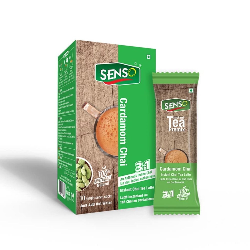 Senso Instant Cardamom Premix Tea - Karak Ready to Drink Chai with Cardamom and Low Sugar | Elaichi Flavor | 10 x 14g Sachets