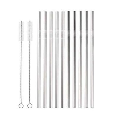 Expresso - New Set of 10 Reusable Stainless Steel Drinking Straws 10.5'' (10 Straight & 2 Cleaning Brushes) BPA Free Metal, Thick, Long, Dishwasher Safe for Smoothies, Tumblers, Travel & More