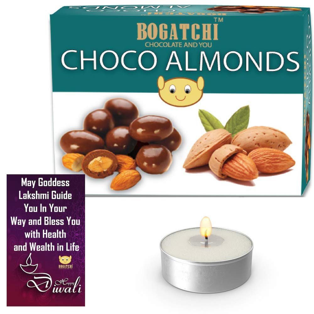 BOGATCHI Diwali Special Rich Dry Fruit Collection Gift for Family, Chocolate Coated Almonds, 200g + Free Diwali Greeting Card + Free Tea Light