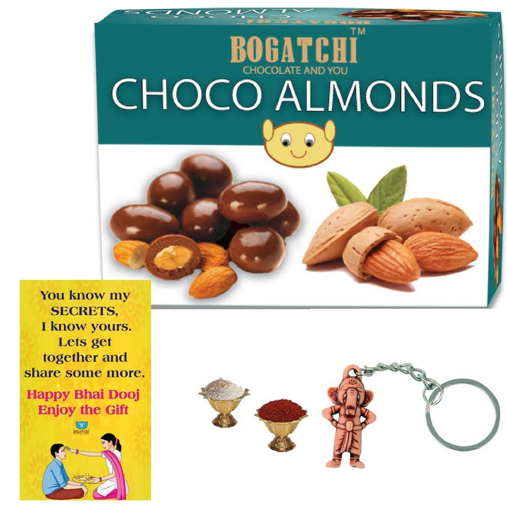 BOGATCHI Chocolate Coated Almonds, 200g + Free Bhai Dooj Greeting Card + Beautiful Ganesha Key Chain + Roli Chawal Free with Bhai Dooj Gift Hamper for Brother