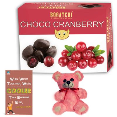 BOGATCHI Chocolate Coated Cranberry, 200g + Free Bhai Dooj Greeting Card + Teddy with Bhai Dooj Gift Hamper for Sister