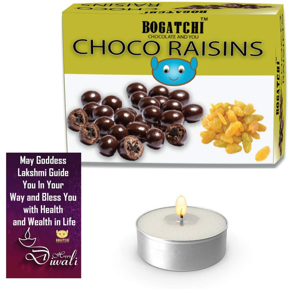 BOGATCHI Diwali Special Rich Dry Fruit Collection Gift for Friends, Chocolate Coated Raisins, 200g + Free Diwali Greeting Card + Free Tea Light