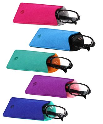 [5 PACK], JAVOedge Soft Felt Pouch Case for Adult Reading Glasses (5 Different 2 Tone Colors), MicroFiber Cloth
