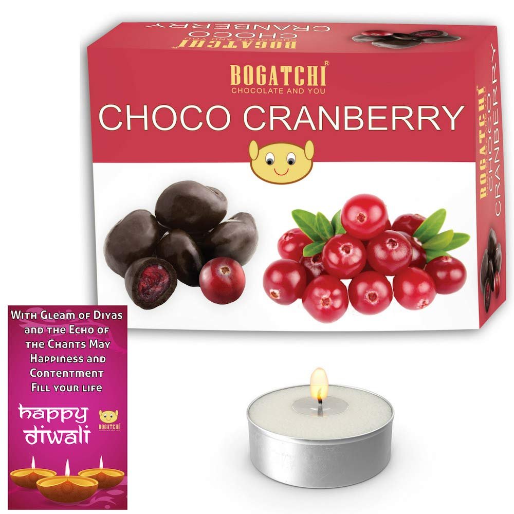 BOGATCHI Diwali Special Rich Dry Fruit Collection Gift for Friends, Chocolate Coated Cranberry, 100g + Free Diwali Greeting Card + Free Tea Light
