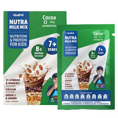Gladful NutraMilk Travel Pack Chocolate Milk Mix 7+ years | 8g Protein per Serve | Zero Sugar | Made with Ragi, Oats, Bajra & Nuts with 25 Vitamins and minerals and Omega-3 fatty acids | Supports Growth & Brain Development | 180g (Pack of 6)