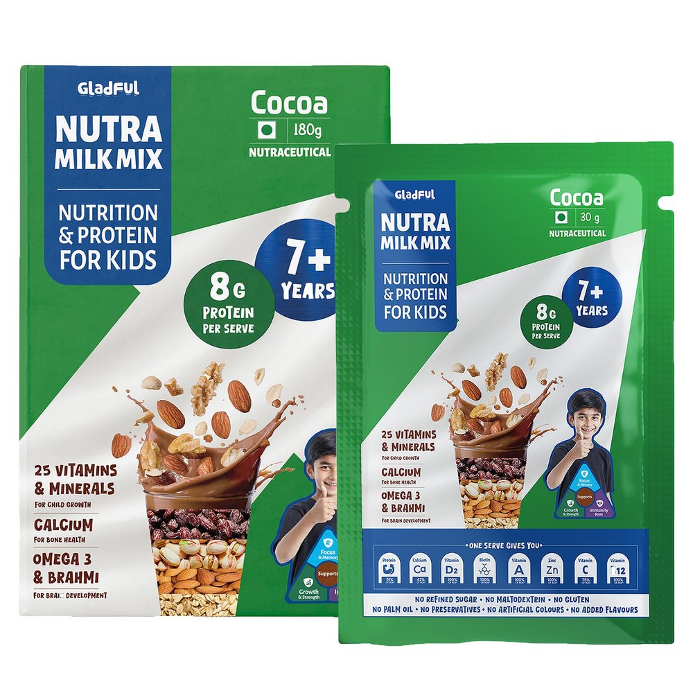 Gladful NutraMilk Travel Pack Chocolate Milk Mix 7+ years | 8g Protein per Serve | Zero Sugar | Made with Ragi, Oats, Bajra & Nuts with 25 Vitamins and minerals and Omega-3 fatty acids | Supports Growth & Brain Development | 180g (Pack of 6)