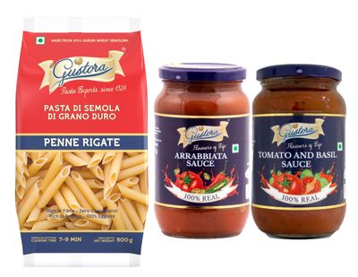 Gustora Combo Pack of Penne Pasta 500g, Tomato Basil & Arrabiata Sauce 400g Each I Italian Pasta & Sauce Combo I Rich in protein & fibre with Zero cholesterol I No Trans Fats - 900gm