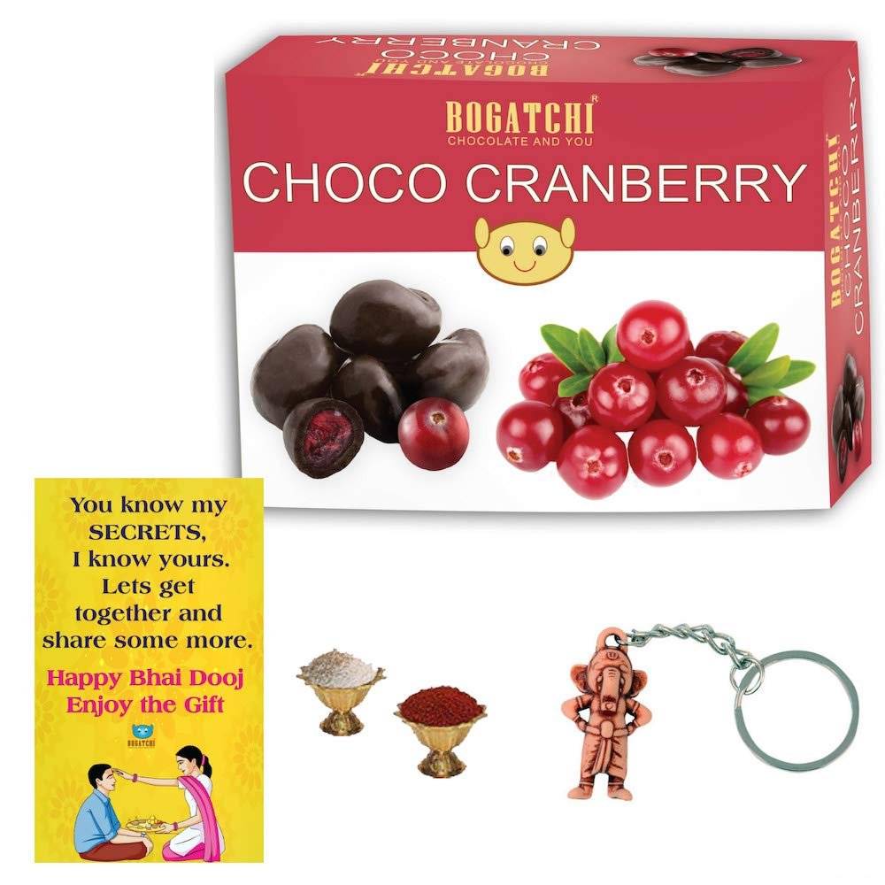 BOGATCHI Complete Bhai Dooj Gift Hamper for Brother, Chocolate Coated Cranberry, 100g + Free Bhai Dooj Greeting Card + Free Beautiful Ganesha Key Chain + Roli Chawal