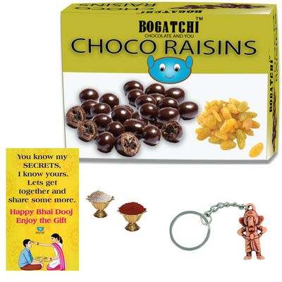 BOGATCHI Chocolate Coated Raisins, 200g + Free Bhai Dooj Greeting Card + Beautiful Ganesha Key Chain + Roli Chawal Free with Bhai Dooj Gift Hamper for Brother