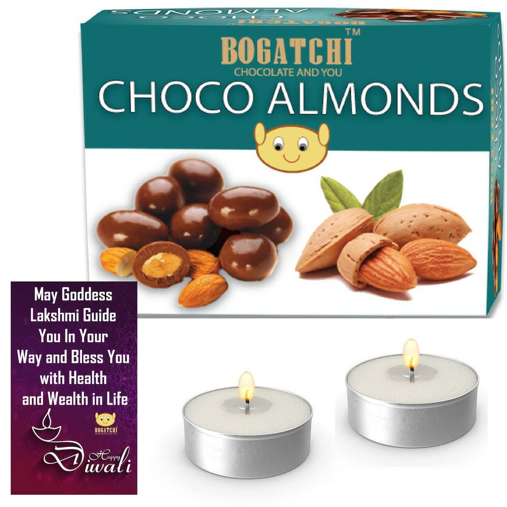 BOGATCHI Premium Diwali Gift Hamper for Friends, Chocolate Coated Almonds, 200g + Free Diwali Greeting Card + Free Tea Lights