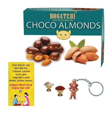 BOGATCHI Complete Bhai Dooj Gift Hamper for Brother, Chocolate Coated Hazelnut, 100g + Free Bhai Dooj Greeting Card + Free Beautiful Ganesha Key Chain + Roli Chawal
