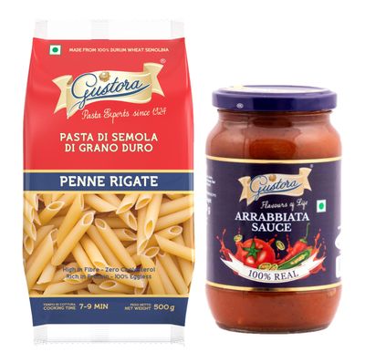 Gustora Combo Pack of Penne Pasta 500g & Arrabbiata Sauce 400g I Our Pasta is Rich in protein & Fibre Zero cholesterol | No Trans Fats | Healthy | Cooking Time 10 Minutes - 900g