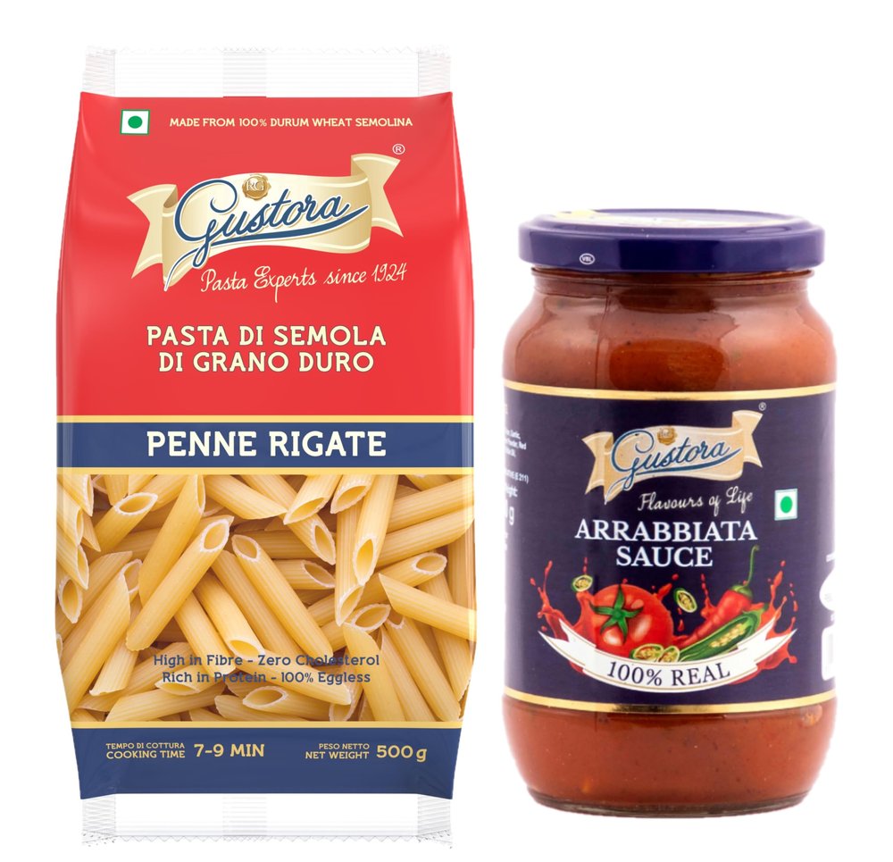 Gustora Combo Pack of Penne Pasta 500g & Arrabbiata Sauce 400g I Our Pasta is Rich in protein & Fibre Zero cholesterol | No Trans Fats | Healthy | Cooking Time 10 Minutes - 900g