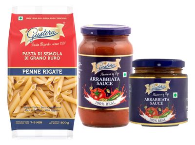 Gustora Combo Pack of Penne Pasta 500g and Arrabbiata Sauce 200g & 400g I Italian Pasta & Sauce Combo I No added Colour or Presevatives I Rich in Protein & Fibre I Zero cholesterol I No Trans-fat