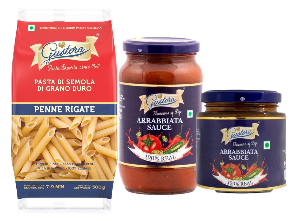 Gustora Combo Pack of Penne Pasta 500g and Arrabbiata Sauce 200g & 400g I Italian Pasta & Sauce Combo I No added Colour or Presevatives I Rich in Protein & Fibre I Zero cholesterol I No Trans-fat