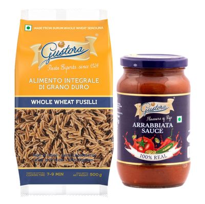 Gustora Combo Pack of Whole Wheat Fusilli Pasta 500g & Arrabbiata Sauce 400g I Pasta & Sauce Combo for Italian Cooking I Rich in Protein & Fibre I Vegetarian I Zero cholesterol I No Trans Fats - 900G