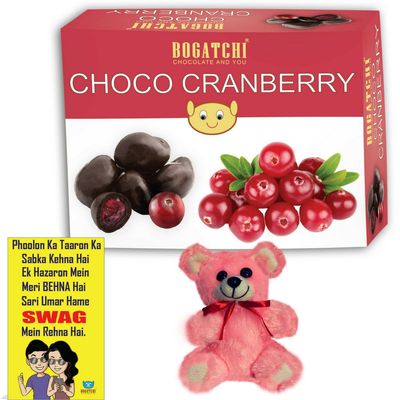 BOGATCHI Chocolate Coated Cranberry, 100g + Free Bhai Dooj Greeting Card + Teddy with Bhai Dooj Gift Hamper for Sister