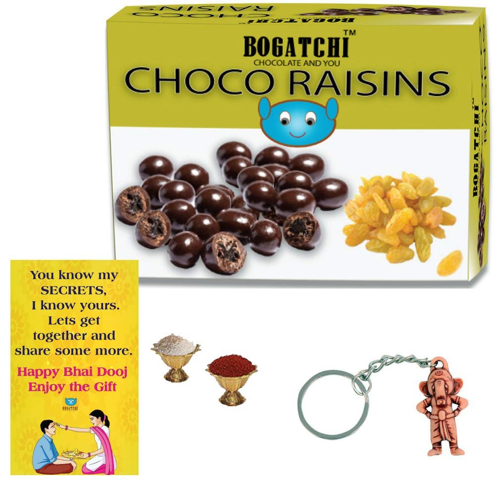 BOGATCHI Chocolate Coated Raisins, 100g Bhai Dooj Gift Hamper for Brother+ Free Bhai Dooj Greeting Card + Beautiful Ganesha Key Chain + Roli Chawal