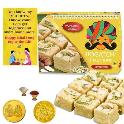 BOGATCHI Bhai Dooj Gift Traditional Soan Papdi, 400g + Free Bhai Dooj Greeting Card + Roli Chawal