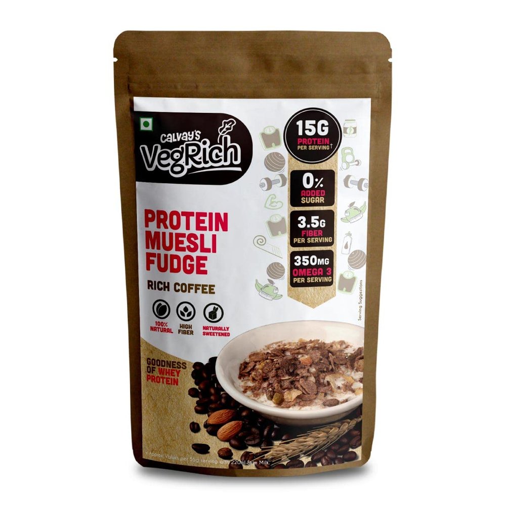 Calvay's VegRich Protein Muesli Rich Coffee | 15g Whey Protein muesli & pure coffee blend | Sweetened with Dates & no added sugar muesli | Rolled Oats + Almonds + Black Raisins + Flax Seeds | Sports and Diabetic Friendly | Low Carb Muesli | High Prot