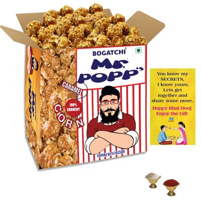 BOGATCHI Bhai Dooj Gift Mr.POPP's Caramel Crunchy Popcorn, 250g + Free Bhai Dooj Greeting Card + Roli Chawal