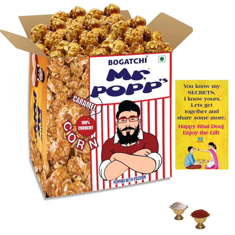 BOGATCHI Bhai Dooj Gift Mr.POPP's Caramel Crunchy Popcorn, 250g + Free Bhai Dooj Greeting Card + Roli Chawal