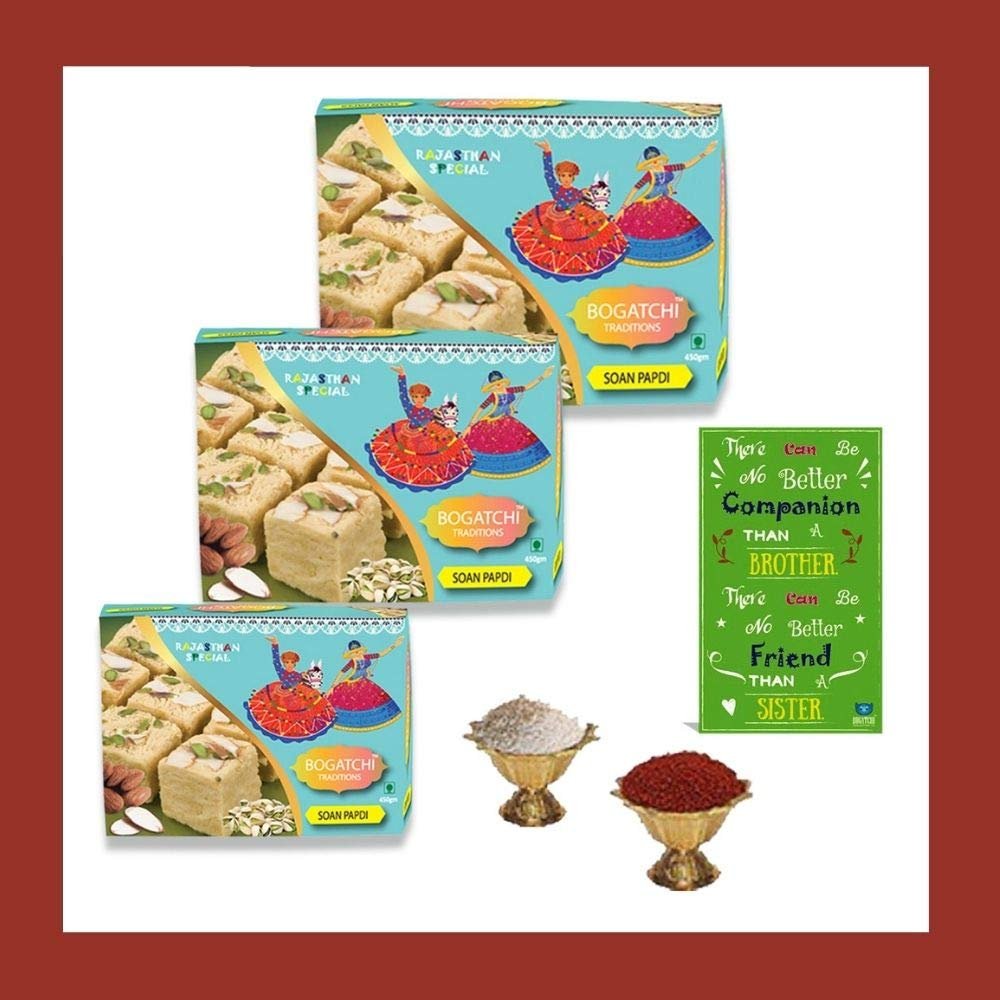 BOGATCHI Bhai Dooj Gift Cultural Soan Papdi, Pack of 3 x 250g + Free Bhai Dooj Greeting Card + Roli Chawal