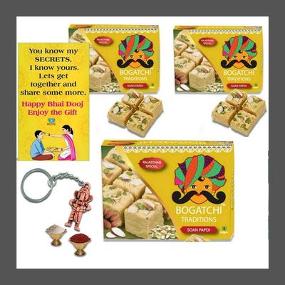 BOGATCHI Bhai Dooj Gift Traditional Soan Papdi, Pack of 3 x 250g + Free Bhai Dooj Greeting Card + Roli Chawal