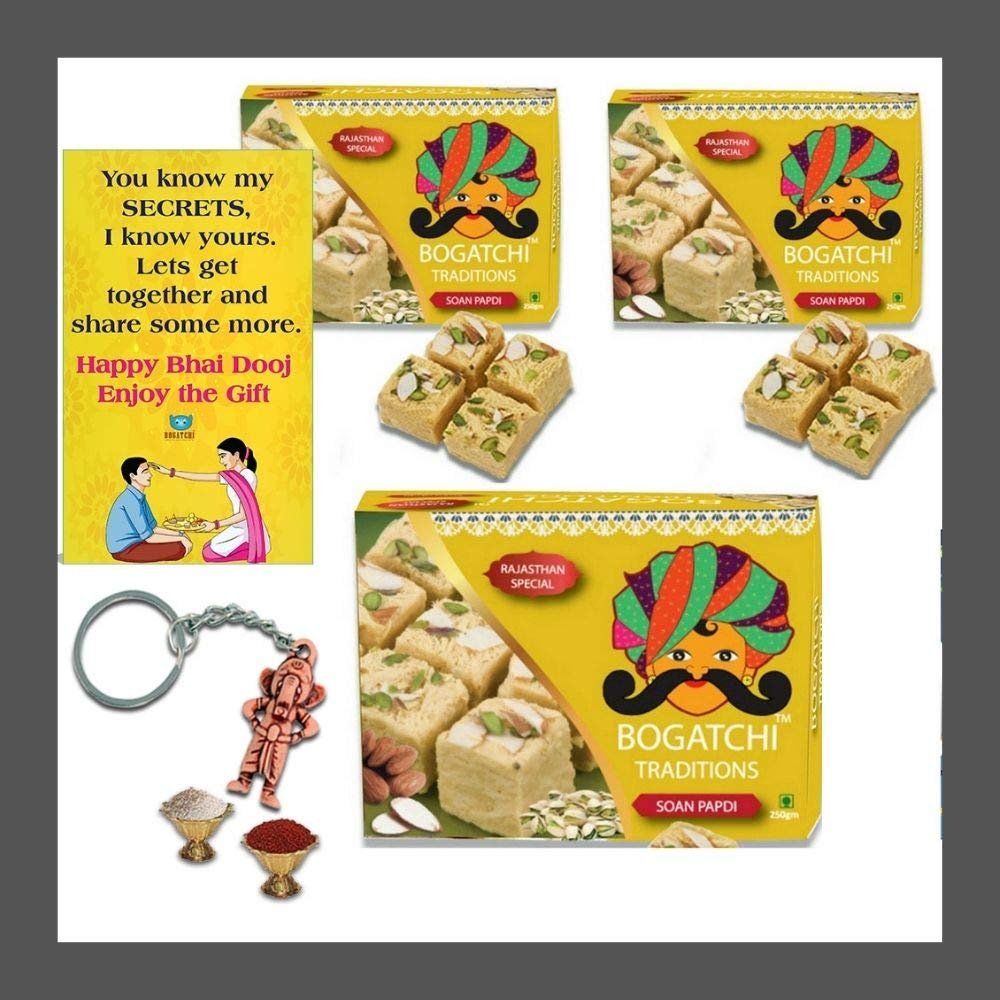 BOGATCHI Bhai Dooj Gift Traditional Soan Papdi, Pack of 3 x 250g + Free Bhai Dooj Greeting Card + Roli Chawal