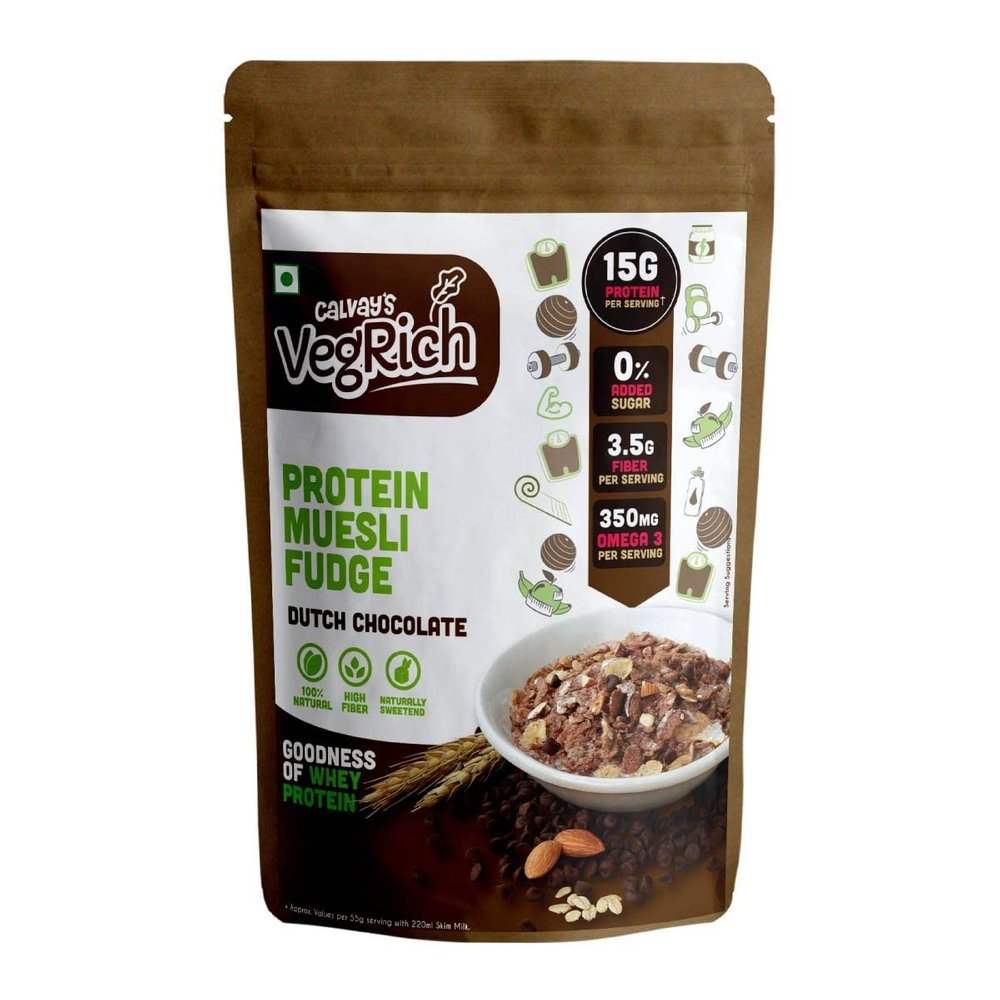 Calvay's VegRich Dutch Chocolate 15g Protein Muesli - High Protein Breakfast Cereal with Premium Whey Protein Concentrate, Almonds & Dark Chocolate Muesli, Seeds & Fruits, No Preservative | Sweetened with dates