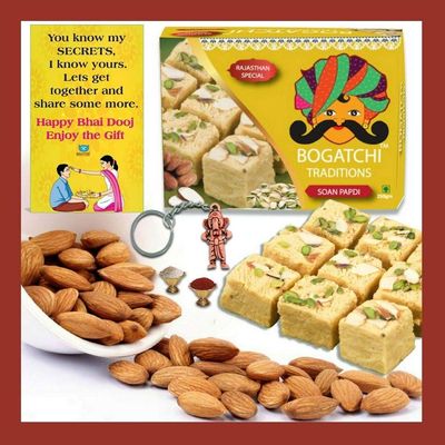 BOGATCHI Bhai Dooj Gift Traditional Soan Papdi, 250g, with Natural California Almonds , 100g + Free Bhai Dooj Greeting Card + Roli Chawal + Ganesha Key Chain