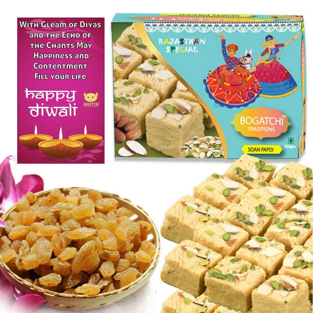 BOGATCHI Happy Diwali Gift Traditional Soan Papdi, 250g, with Afghani Natural Raisins , 100g + Free Happy Diwali Greeting Card