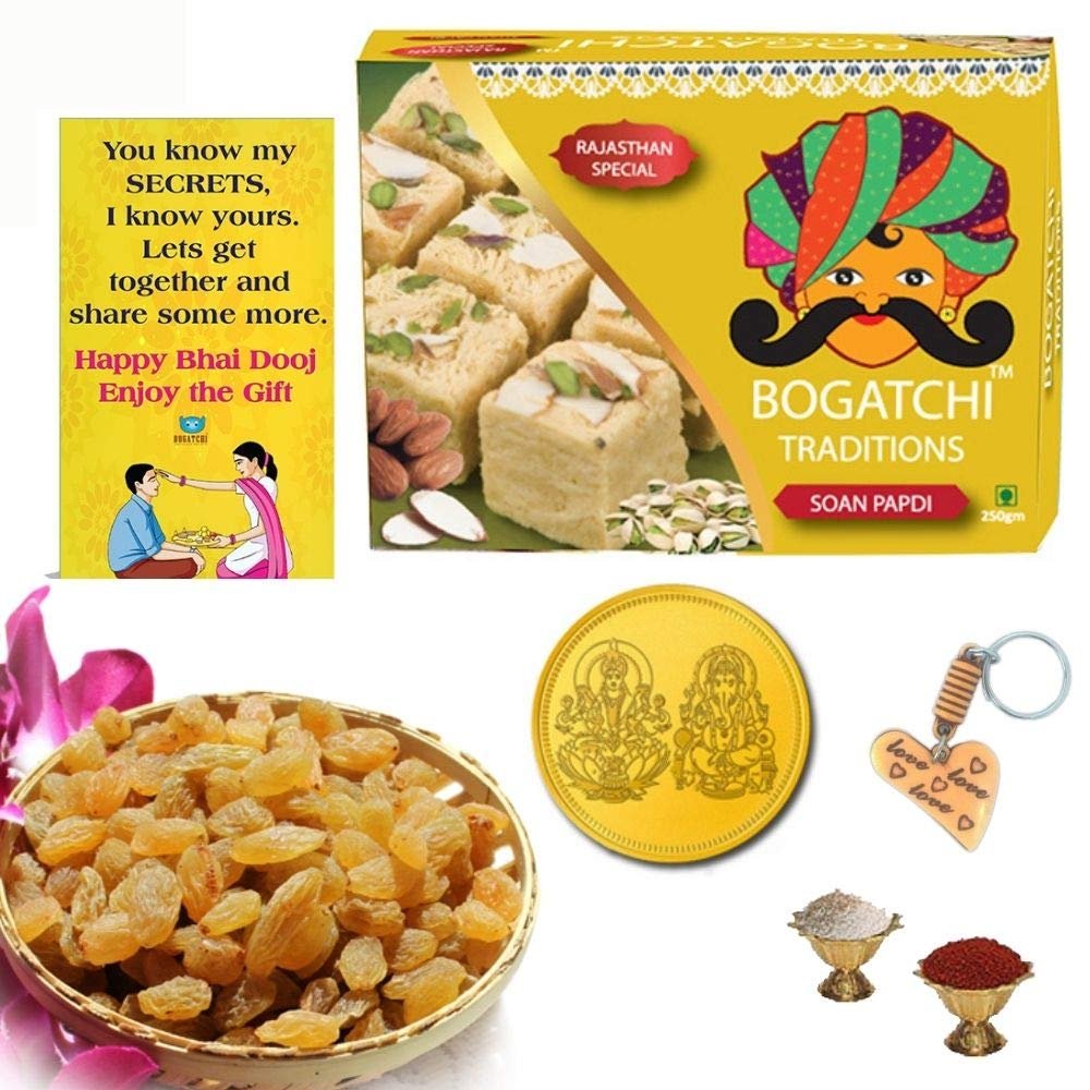 BOGATCHI Bhai Dooj Gift Traditinal Soan Papdi, 250g, with Afghani Natural Raisins , 100g + Free Bhai Dooj Greeting Card + Roli Chawal + Ganesha Key Chain