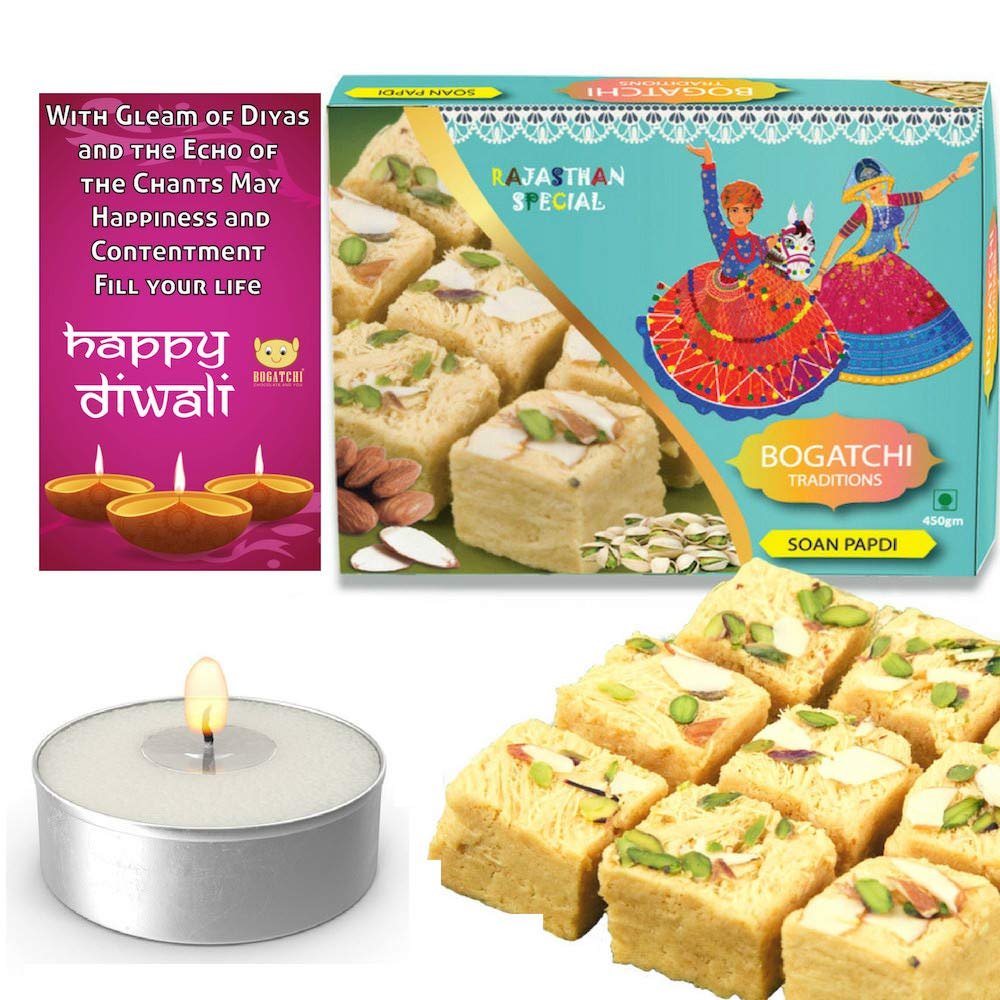 BOGATCHI Happy Diwali Gift for Friends Traditional Soan Papdi, 400g + Free Happy Diwali Greeting Card + Free Tea Light