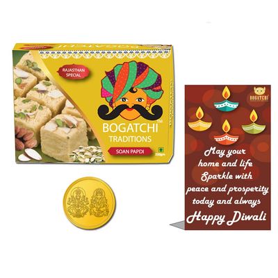BOGATCHI Diwali Sweets Gift for Office Employees Cultural Soan Papdi,400g + Free Happy Diwali Greeting Card + Free Tea Light