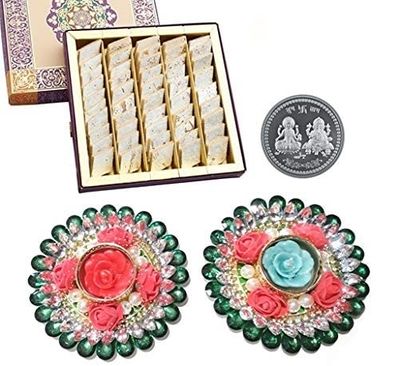 GHASITARAM'S Diwali Gifts 2 Floating Diya with Pure Kaju Katli, Diwali Sweets Gift Box, 200 gm