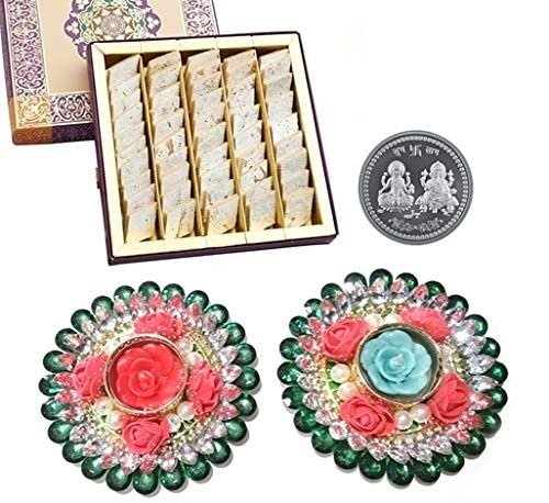 GHASITARAM'S Diwali Gifts 2 Floating Diya with Pure Kaju Katli, Diwali Sweets Gift Box, 200 gm