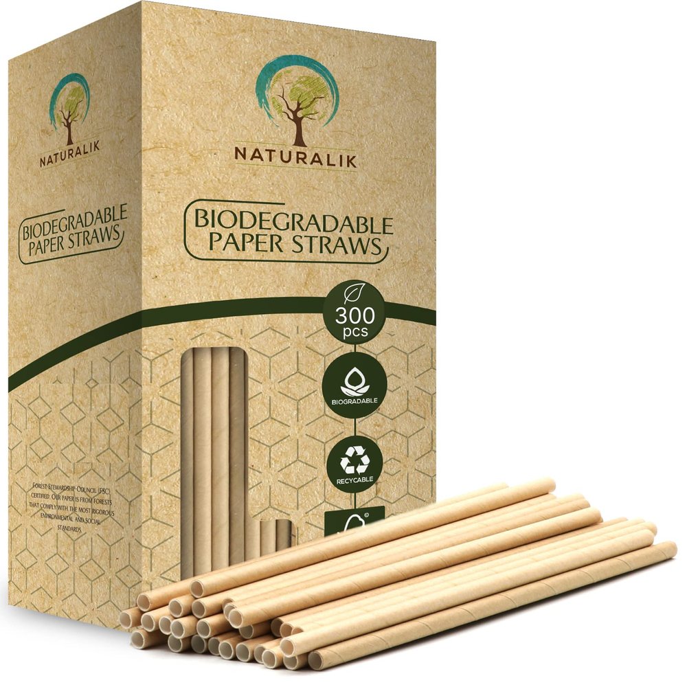 Naturalik 300/1000-Pack Biodegradable Paper Straws Dye-Free- Premium Eco-Friendly Paper Straws Bulk- Drinking Straws for Juices, Smoothies, Restaurants and Party Decorations, 7.7" (Brown, 300ct)