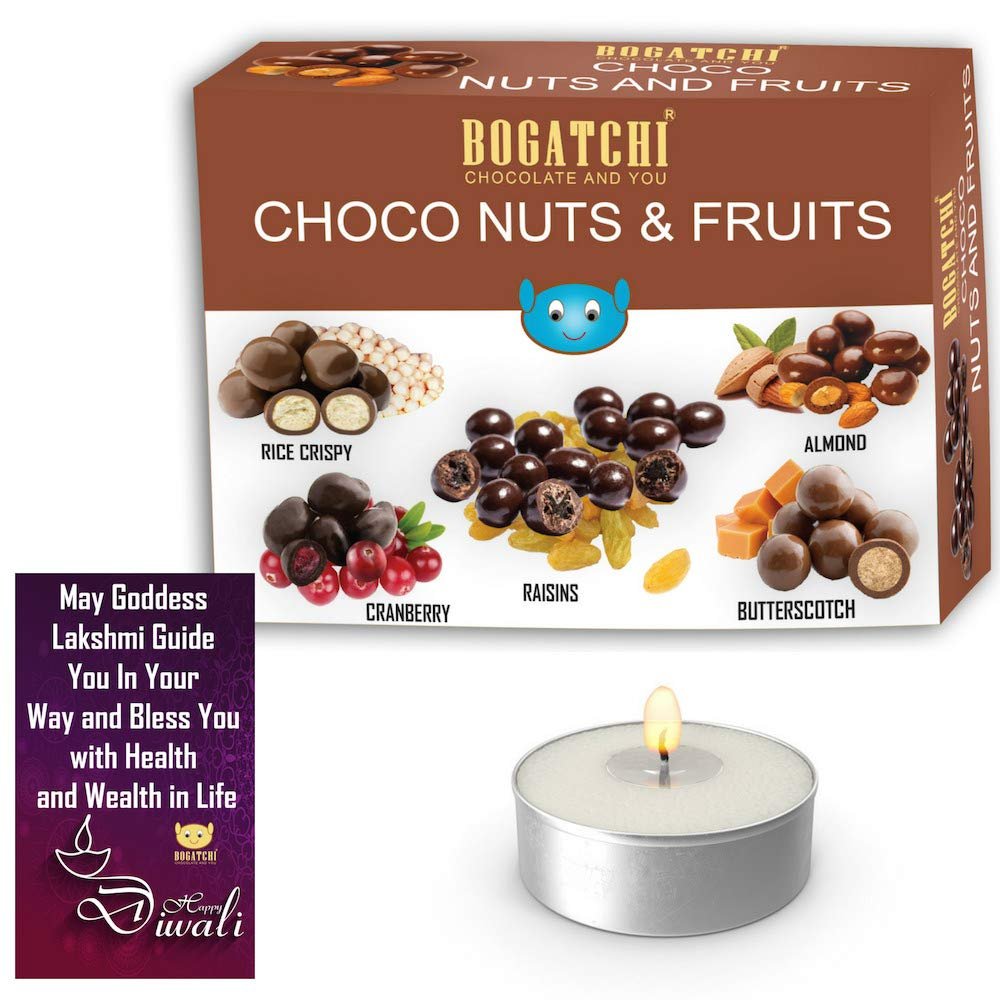 BOGATCHI Diwali Special Rich Dry Fruit Collection Gift for Family, Chocolate Coated Assorted Nuts and Fruits, 200g + Free Diwali Greeting Card + Free Tea Light