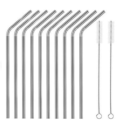 Expresso - New Set of 10 Reusable Stainless Steel Drinking Straws 10.5'' (10 Bend & 2 Cleaning Brushes) BPA Free Metal, Thick, Long, Dishwasher Safe for Smoothies, Tumblers, Travel & More