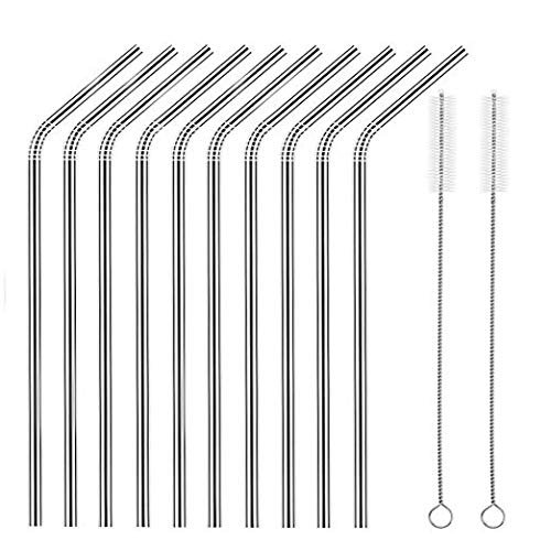 Expresso - New Set of 10 Reusable Stainless Steel Drinking Straws 10.5'' (10 Bend & 2 Cleaning Brushes) BPA Free Metal, Thick, Long, Dishwasher Safe for Smoothies, Tumblers, Travel & More