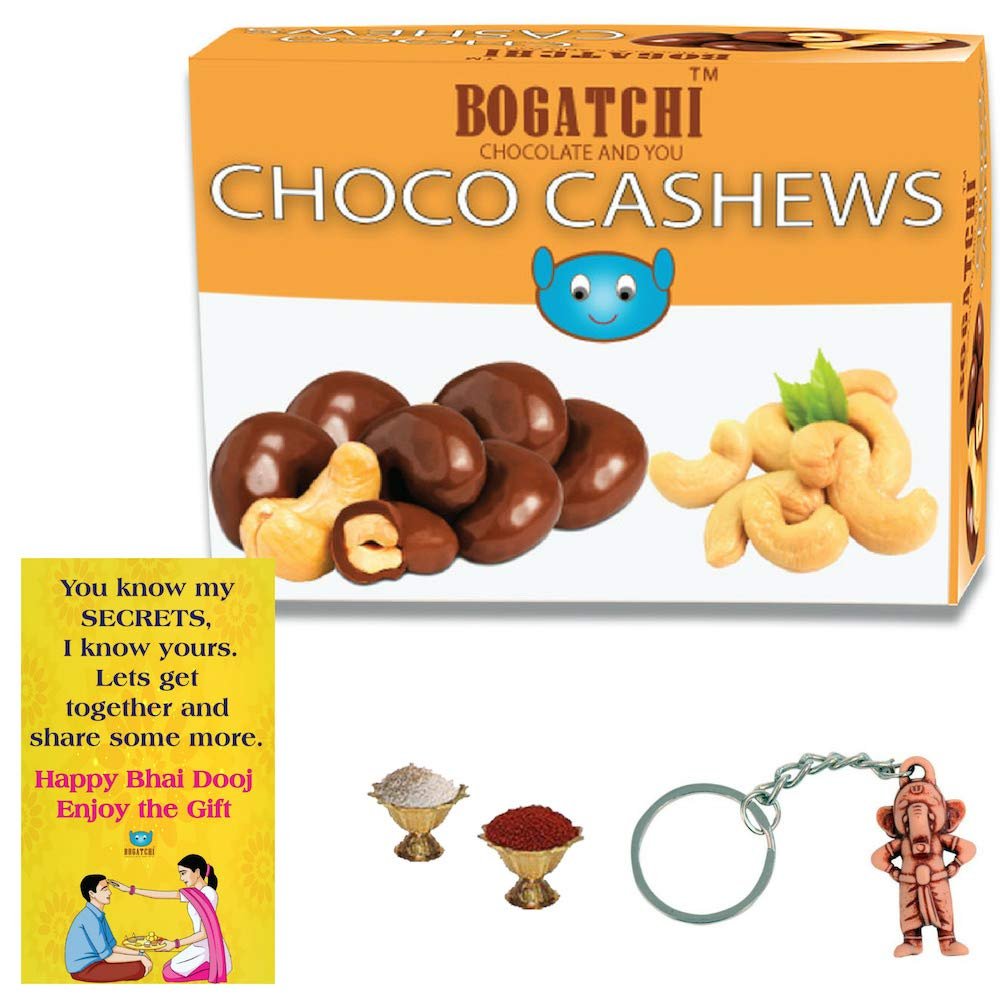 BOGATCHI Chocolate Coated Cashews, 100g Bhai Dooj Gift Hamper for Brother+ Free Bhai Dooj Greeting Card + Beautiful Ganesha Key Chain + Roli Chawal