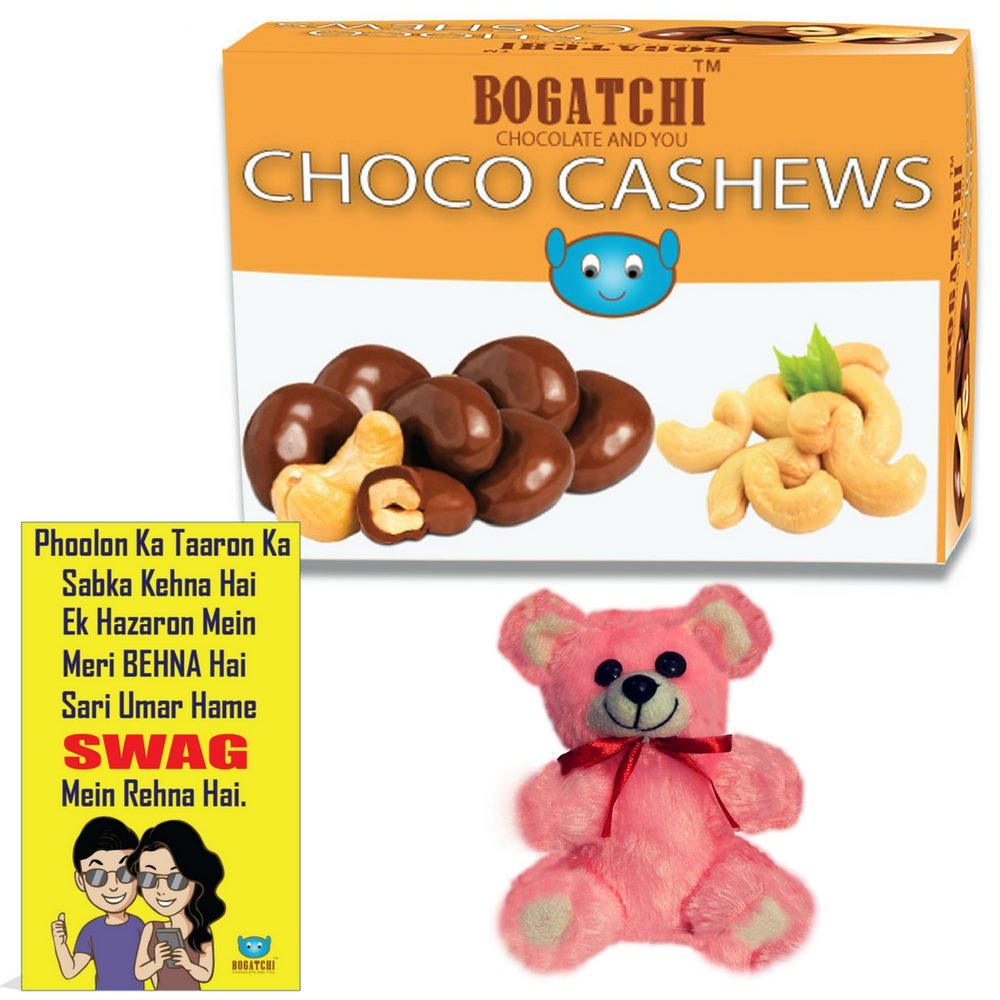 BOGATCHI Chocolate Coated Cashews, 100g + Bhai Dooj Gift Hamper for Sister Free Bhai Dooj Greeting Card + Teddy