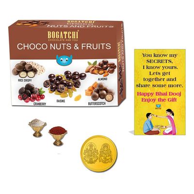 BOGATCHI Chocolate Coated Assorted Nuts and Fruits, 100g Bhai Dooj Gift Hamper for Brother+ Free Bhai Dooj Greeting Card + Beautiful Ganesha Key Chain + Roli Chawal