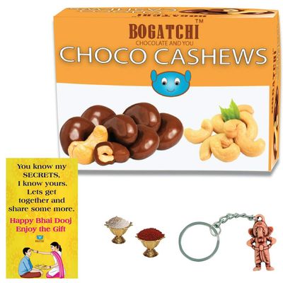 BOGATCHI Chocolate Coated Cashews, 200g Bhai Dooj Gift Hamper for Brother+ Free Bhai Dooj Greeting Card + Beautiful Ganesha Key Chain + Roli Chawal