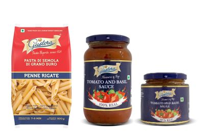Gustora Combo Pack of Penne Pasta 500g, Tomato Basil Sauce 200g & 400g I Italian 100% Durum Wheat Pasta & Sauce Combo I Non-GMO I Vegan and Natural Ingredients l Made with Fresh Tomatoes