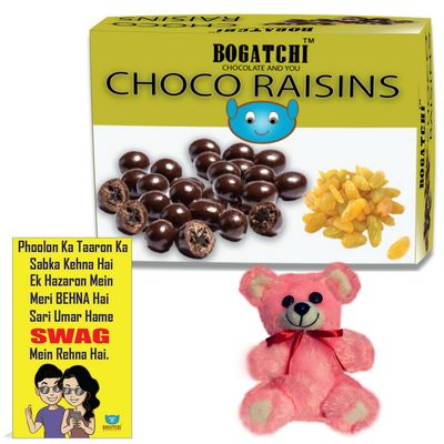 BOGATCHI Chocolate Coated Raisins, 100g + Bhai Dooj Gift Hamper for Sister Free Bhai Dooj Greeting Card + Teddy
