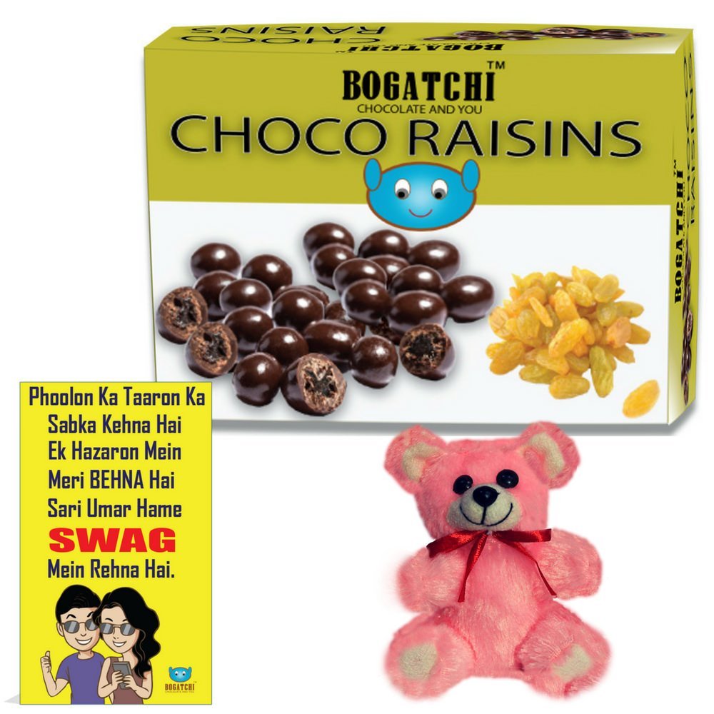 BOGATCHI Chocolate Coated Raisins, 100g + Bhai Dooj Gift Hamper for Sister Free Bhai Dooj Greeting Card + Teddy